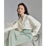 Acetate Fibre V-Neck Full Sleeve Women Shirt 2022 Spring New Shirt Solid Color Causal Loose Office Lady Women Tops