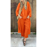Fongt Spring And Autumn Cotton Tamply Size Women's Loose Casual V-Neck Long-Sleeved Trousers Two-Set Set
