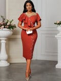 Fongt Round-Neck Nail Beaded Leaf-Side Dress Banquet Temperament High-Waisted Body-Body-Cuffed Dress Dress