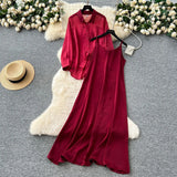 Fongt Temperament Two Sets Of Women's Languid Languid Wind Outside The Thin Loose Long-Sleeved Sunscreen Jacket + Sling Dress