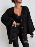 Fongt V-Neck Solid-Colored Open-Shirt Autumn And Winter Lazy Lantern Sleeve Loose Single-Caught Sweater Coat Woman