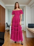 French Elegant Wind And Wood Ear Design Shoulder Dress 2025 Summer New Mesh Wave Dot Long Dress