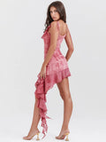 Summer printed ruffled Chiffon Dress Sexy Sleeveless Spaghetti Strap Party Dresses Mini Women's Clothing-Outfit