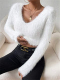 Fongt And Winter New Solid Color V-Neck Repair With Plush Short Lady Sweater
