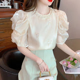 Fongt Small Fragrant Bubble Sleeve Heavy Industrial Nail Bead Chiffon Shirt 2025 Summer New Embroidery Design Sense Of Gas Coat