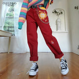 Casual Sun Print Straight Trousers Red Streetwear Long Pants Harem Pants For Women High Waist Ladies Pants