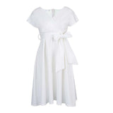 Fongt V-Neck Solid Color Waist Bow Tie With Large Swing Dress Dress Dress Dress Dress Dress
