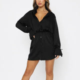 Lapel Neck Shirt Dress Solid Color Single-breasted Long Sleeve Drawstring High Waist Straight Mini Dress Fall Spring
