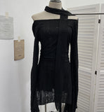Fongt Dark Waste Soil Wind Makes The Old Hole Hanging Shoulder Hanging With Long Sleeves Irregularly Open Fork T-Shirt Skirt 9295