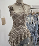 Fongt Shooting Retro Tie-Dye-Print Mesh Sling Sling Sling Vest Irregular Lotus Leaf Edge Ribbon Sleeveless Top 1185