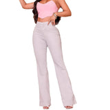 Fongt Tight Waist High-Waisted Button Elastic Repair Wide Legs Long Jeans Woman
