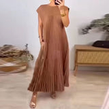 Fongt New Women's Dress Elegant Fashion Round Neckless 100 Foldless Dress