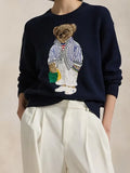 Fongt New Women's Bear Embroidered Retro Body Sweater College Style Knitted Shirt Top