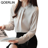 OL Workwear Blouse Shirt Women Plain Korean Long Sleeve Satin Top Female 2020 New Autumn White Chiffon Shirt Plus