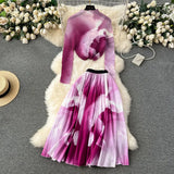 New Advanced Casual Women's Elastic Long Sleeve Pleated Top+High Waist Pleated Half Skirt Printed Skirt 2-piece Set-Outfit
