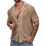Fongt Men's Summer Cool Shirt Men's Casual Knit Hollow Out Breathable Short Sleeved Lapel Fashion Men's