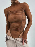 Sexy Women Long Sleeve Ruched Bodysuits Solid Mesh See-Through High Neck Slim Rompers Spring Fall Jumpsuits Clubwear-Outfit