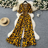 Fongt Dress Holiday Wear Chic Light Leisure V Collar Short Sleeves Tight Waist High Waist Thin Leg Print Jump Trousers