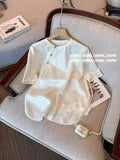 Chinese Style Disc Button Round Neck Jacquard Satin Shirt Women 2024 Summer French Casual Chic Short-Sleeved Blouse-Outfit