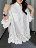 Fongt Design Lace Spliced White Shirt Women's Spring And Autumn And Winter Fat Mm Loose Thin Inside Stacked Clothes