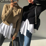 New 2021 Women Autumn Winter Sweaters Knitted Turtleneck Patchwork Irregular Vintage Wild Pullovers Short Tops
