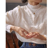 Half Turtleneck Lace Blouse Knitted Pullover Puff Sleeves Fashion Women Autumn Shirts