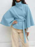 Fongt Women's Autumn And Winter New Fashion Pure Color Cape Collar Collar Belt Wind Coat