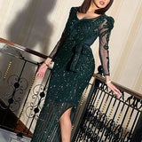 Party Dress Sexy Long Sleeve Solid Color Sequins V-neck Asymmetrical High Street Dance Wedding Prom Night Retro