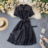 Fongt Retro Famous Style Temperament Dress Heart Lace Short-Sleeved Dress Women's Summer Dress