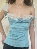 Fongt Age-Reduce Lace Bow Spliced Sling Vest Collar Print Blue Collar Knitted Shirt Top