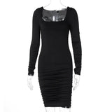 Ruched Solid Women Long Sleeve Mini Dress Bodycon Sexy Party Elegant Streetwear 2020 Autumn Winter Club White