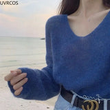 Thin Sweaters Women Vintage Hollow Knitted Pullovers Top Sweet Casual Loose V-neck Sweatshirt Elegant Korean Womens Clothes-Outfit