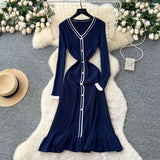 Fongt Small-Sized Famous Woman Hit The Color V-Neck Long Sleeve Single Buckle Waist Knitted Dress Women With Fish Tail