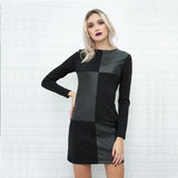 Vintage Leather Patchwork Party Dress Long Sleeve O neck Solid Sheath Elegant Casual Dress 2019 Winter New Fashion
