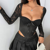 Fongt Sexy Waist Splicing Set-Up In Front Of The Bow Tied With Long-Sleeved Lace Small Coat R194