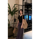 Fongt Summer New Relaxation Black Short-Sleeved T-Shirt Blouse High-Waist Purple Color Tying Strap A-Word Half-Dress Woman