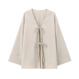 Fongt Wind Casual Set 2025 Summer Long Sleeve V-Neck Bow Tie With Loose-Fitting Shirt Broad Leggings