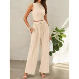Fongt Summer Knitting Casual Suit Sleeveless Round Collar Short Repair Body Broad Leg Pants Two Sets