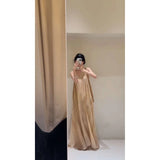 Fongt Vacation Fainting V-Neck Hanging Neck Dress Loose Belly Sleeveless Sleeve Sling Vest Long Dress