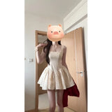 Fongt Lazy Temperament Red Knitted Cardigan French Wave Dot Square Slings To Collect Waist Thin A Word Skirt