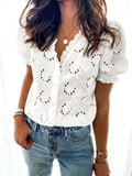 Fongt Years Of Summer French Small Hollow Lotus Side Collar Single Buckle Commuting Temperament Shirt