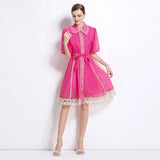 Fongt New Famous Summer Retro Collar Single Buckle Lace Lantern Sleeve Dress
