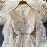 Fongt Style Femininity Waist Thin Knee Long Sleeve First Love Dress A Elegant Temperament V-Neck Lace Dress