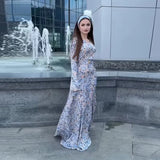 Fongt New Women's Casual High-Waisted Crumped Flower Long Sleeve Slim Dress