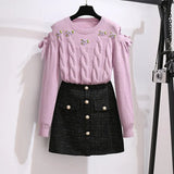Women Autumn Winter Two Pieces Set Sweet Floral Embroidery Off The Shoulder Long Sleeve Knitted Sweater And Tweed Skirts
