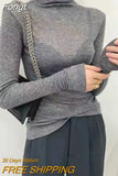 Y2K Fashion Solid Turtleneck T Shirt Women Harajuku Sexy See Through Long Sleeve Tee Slim All-match Basic Pullover