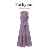 Fongt Temperament Lightly Ripe Purple V Neck Dress With Thin Neck Dress Women Summer Sleeveless A Word Slings Long Skirt