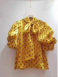 Bow Shirts & Blouses Contrast Dot Print Blusas 2024 New Puff Sleeve Camisas Korean Ropa Mujer Spring Summer Tops-Outfit