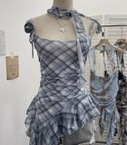 Fongt Shooting Retro Tie-Dye-Print Mesh Sling Sling Sling Vest Irregular Lotus Leaf Edge Ribbon Sleeveless Top 1185
