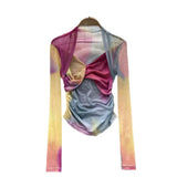 Fongt Girls Tie-Dye Mesh Jersey Long-Sleeved T-Shirt Girl Thin Perspective Temperament Fashion Folding Top